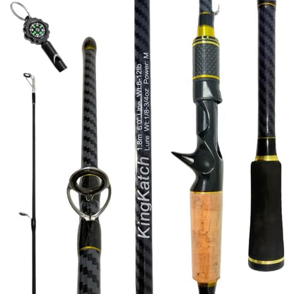 24-Ton Carbon & Fiberglass Spinning/Casting Rod, Lightweight 2-Piece Sensitive Fishing Rod with Ceramic Guides & Split-Grip Handle for Bass, Trout, Pike - color: A-Golden- Casting- 6'0"