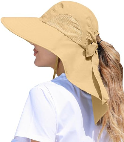 Womens Sun Hat Outdoor UV Protection Wide Brim Fishing Hat with Ponytail Hole Neck Flap for Beach Hiking Camping - color: Khaki