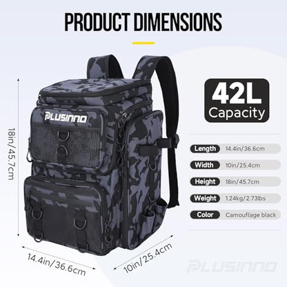 PLUSINNO Fishing Backpack with Tackle Boxes,Fishing Gear,42L Waterproof tackle Backpack with Rod Holders,Lures,Tools,Pliers & Accessories, Fish Gifts for Men - color: Black Camouflage With Tools