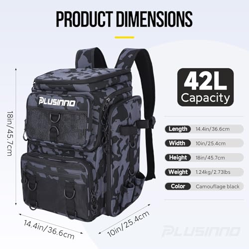 PLUSINNO Fishing Backpack with Tackle Boxes,Fishing Gear,42L Waterproof tackle Backpack with Rod Holders,Lures,Tools,Pliers & Accessories, Fish Gifts for Men - color: Black Camouflage With Tools