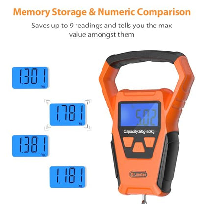 Dr.meter Fish Scale Waterproof: Luggage Weight Scale with Bigger Handle and Hook Upgraded IPX7 110lb/50kg Backlit LCD Display Digital Hanging, Built-in Tape, Battery Included, Fishing Gifts for Men