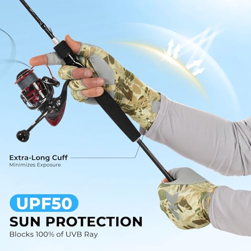 KastKing Agies Fishing Gloves Men, UPF 50+ Sun Gloves UV Protection, Cooling Quick-Dry 3/4 Fingerless Gloves with Extended Cuff, Microfiber Palm & Pull Tabs, for Fishing, Kayaking, Hiking, Hunting - color: X Camo-Multi Purpose, size: Small-Medium