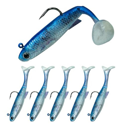 6PCS Soft Plastic Fishing Lures - 3.5in Swim Baits for Bass Pre-Rigged Jig Heads Walleye Fishing Lures with Paddle Tail Swimbaits for Bass Fishing Fishing Soft Plastic Lure Kit - color: Bule