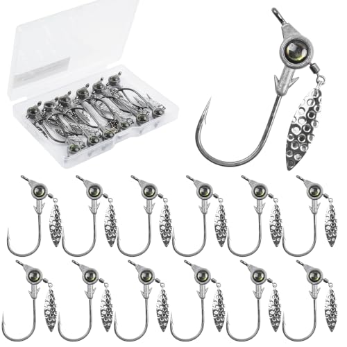 Underspin Jig Heads, 12pcs Crappie Jig Heads Swimbait Jig Heads with Spinner Blade 3D Eyes Fishing Jig Heads Hooks for Soft Plastic Swimbait Bass Walleye Trout Fishing 1/8oz 1/4oz 3/16oz 3/8oz - size: 1/4oz-12pcs