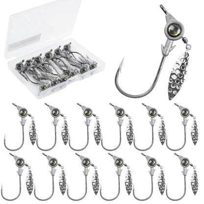 Underspin Jig Heads, 12pcs Crappie Jig Heads Swimbait Jig Heads with Spinner Blade 3D Eyes Fishing Jig Heads Hooks for Soft Plastic Swimbait Bass Walleye Trout Fishing 1/8oz 1/4oz 3/16oz 3/8oz - size: 1/4oz-12pcs