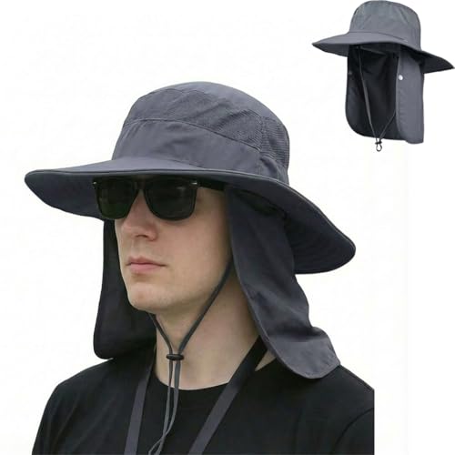 Sun Hat Bucket Hats for Men Women,Outdoor Wide Brim Fishing Hat with Detachable Face Cover & Neck Flap UV Protection - color: Lightgrey-1