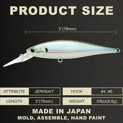 LUCKY CRAFT Pointer 78DD Freshwater Fishing Lure and Gear for Bass & Trout, 3 inch Deep Diving Suspending Jerkbait Fishing Line, Pressure-Ready Fish Bait, Premium Gear for Tackle Box, - color: 410 MH Ghost Minnow