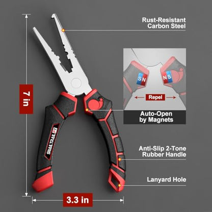 SNAIL TRAIL 7'' Fishing Pliers, Angled Head Split Ring Pliers, Auto-Open by Magnets, Corrosion Resistant Fish Hook Remover, Saltwater Crimping Shot & Wire Cutter Tool - style: Pliers