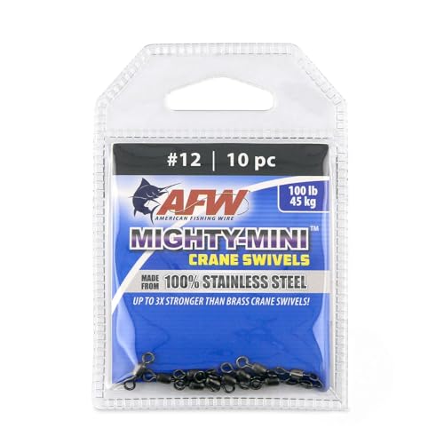 AFW American Fishing Wire Fishing Swivels - Mighty Mini 100% Stainless Steel Crane Swivels, 3X Stronger Than Brass, for Terminal Tackle Box, Up to 600lb Test - Fishing Gear for Fishing Line Leaders - size: 10 Pieces, 100 Pound Test