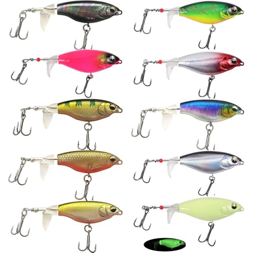 10PCS Top Water Fishing Lures Whopper Fishing Lure for Bass, Popper Fishing Lures with Floating Rotating Tail One Luminous Saltwater and Freshwater Plopping Lures for Bass