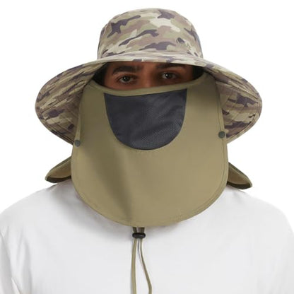 BASSDASH UPF 50+ Breathable Sun Hat with Removable Face Cover and Neck Flap Wide Brim Bucket Hat for Fishing Hiking Men Women - color: Earth Camo/Khaki