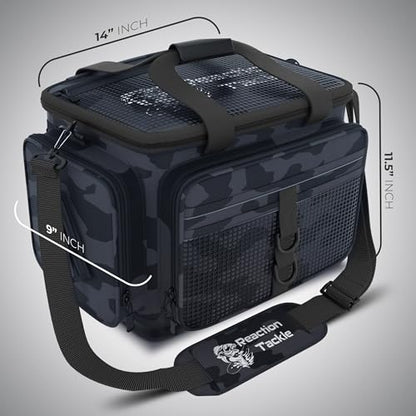 Reaction Tackle Camo Fishing Tackle Bag, Water Resistant Soft Tackle Storage Bag with Removable Dividers for 3600 and 3700 Trays