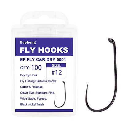 Eupheng Fly Fishing Hooks 100pc Pack Barbless Catch & Release Dry Wet Nymph Shrimp&Pupa, Streamer, Caddis, Jig, Scud Flies Fishing Hooks - color: EP Fly-C&R-DRY-0001, size: #12
