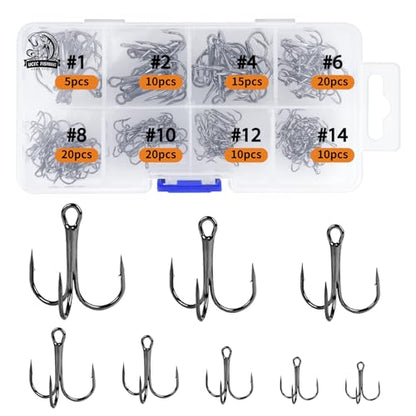 UCEC Fishing Hooks Treble Hooks Kit for Saltwater Freshwater, High Carbon Steel Strong Sharp Round Bend for Catfish Trout Hard Baits Lures, Size #1#2#4#6#8#10#12#14 110/50/210 Pack with Split Rings - style: 110pcs, #1 #2 #4 #6 #8 #10 #12 #14