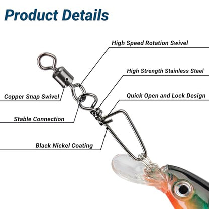 QISHUO Barrel Stainless Snap Swivels Strength Saltwater Lure Connector Fishing Steel Clips Fishing Swivel Rolling Black Nickel - size: Size4 (44lb) 50 pcs