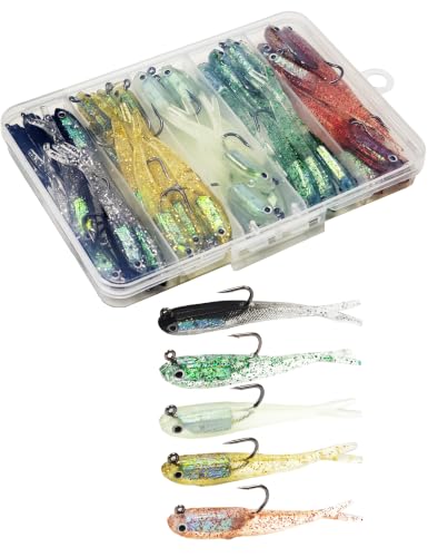 Soft Fishing Lure Split Tail Silicone Swimbaits 40pcs Pre-Rigged Swimbait Assortment Soft Plastic Lures Kit Jig Head Fishing Lures Set for Bass, Trout, Crappie, Walleye Bass Lure with Tackle