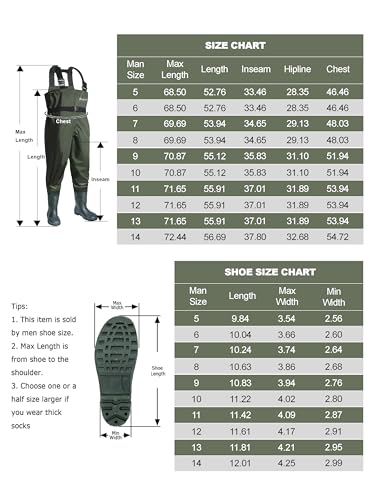 Chest Waders with Boots for Men & Women, Nylon/PVC Lightweight Fishing Wader with Boots Hanger - color: Army Green, size: M11/W13