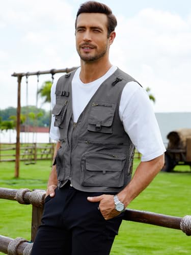 Gihuo Mens Fishing Vest Lightweight Utility Vests Cargo Outdoor Safari Travel Vest with Pockets - color: Grey, size: Medium