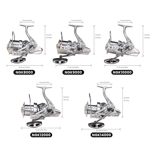 HAUT TON Spinning Reel 8000/9000/10000/12000/14000,6+1BB Metal Surf Fishing Reels,4.8:1 Gear Ratio 55lbs Drag Heavy Long Casting Inshore Saltwater Monster Fish - size: 12000, style: Ht-ngk