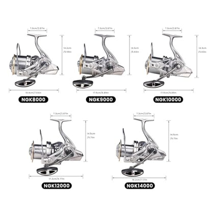 HAUT TON Spinning Reel 8000/9000/10000/12000/14000,6+1BB Metal Surf Fishing Reels,4.8:1 Gear Ratio 55lbs Drag Heavy Long Casting Inshore Saltwater Monster Fish - size: 12000, style: Ht-ngk