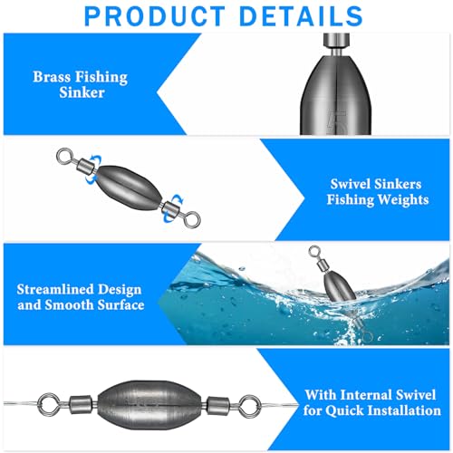 Seenelling 48 Pcs Trolling Sinkers with Swivels Brass Fishing Sinker Different Sizes Egg Sinkers Fishing Weights Saltwater Bullet Sinker with Swivel Rolling Removable Freshwater - size: 8 Sizes