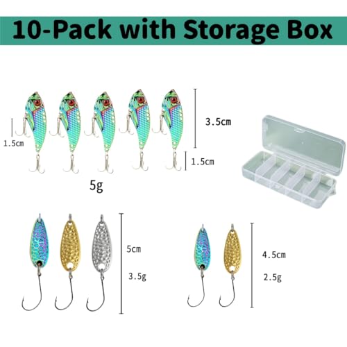 SHIAWASENA Fishing Spinners, 10pcs Trout Fishing Lures Kit, Inline Spinner Baits with Single Hooks &Treble Hooks & Fly Hooks, High-Reflective Flash Spoons for Trout, Salmon, Panfish, Bass, Pike - style: B#