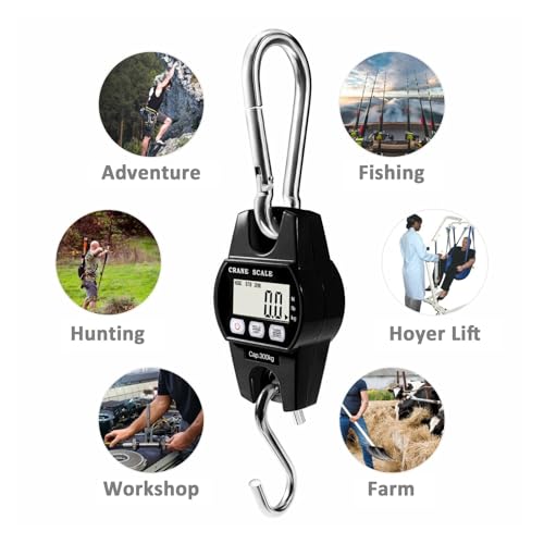 Digital Hanging Scale 660 Lb 300 Kg, Handheld Mini Crane with Hooks for Farm Hunting Fishing Outdoor(Black) - color: Black