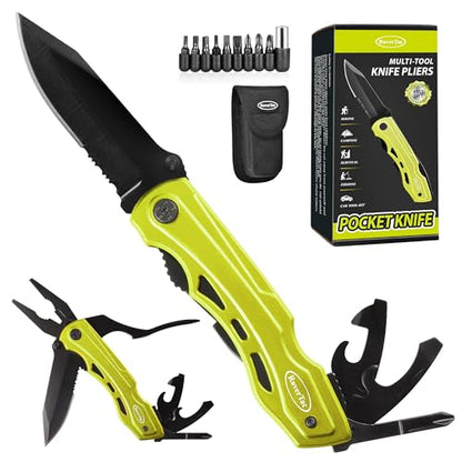 RoverTac 15-in-1 Pocket Multitool Knife - Folding Knife with Pliers, Bottle & Can Opener, Phillips Screwdriver + 9 Bits, Nylon Sheath - EDC Multi Tool for Camping, Hiking & DIY - Gifts for Men & Dad - style: Multi-Knife Pliers Green