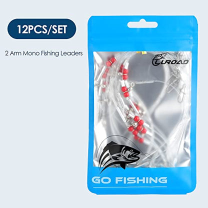 Fishing Leader Fishing Rigs, Luroad 6/12/18 Pcs Nylon-Coated Lines with Swivels Snap Beads, Stainless Steel Hooks Crimps Saltwater Freshwater for Fishing Lovers Angler, 1 Arm/ 2 Arms - color: K.2 Arm-Red-12pcs