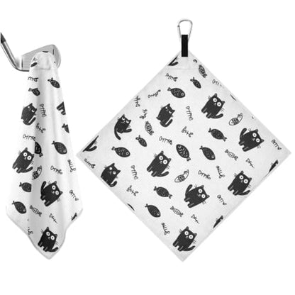 Cartoon Cat Fish White Print Magnetic Golf Towel for Golf Bags Microfiber Golf Essentials for Women Men with Carabiner Clip Attaches to Clubs and Carts, 17.7"x17.7"