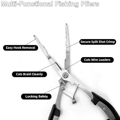 Professional 8.4“ Fishing Plier with Safety Lock and Anti Loss Rope | Multi-function long nose hook remover, line cutter, crimper; rustproof stainless steel for saltwater & freshwater fishing