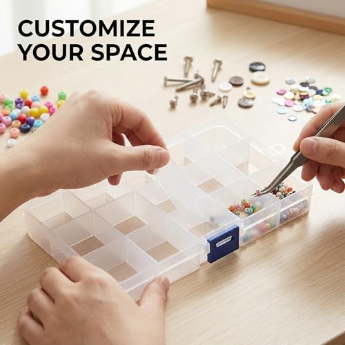 Fishing Tackle Box 15 Compartments Plastic Storage Tray With Removable Dividers, Blue Latch 17x10cm Clear Plastic Organizer Box For Storing Fishing Lures Hooks Jewelry Beads Small Hardware