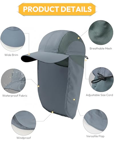Mens Sun Hat with Breathable Mesh Sun Hats for Men Sun Protection Fishing Hat with Neck Flap for Hiking Cycling - color: Gray-blue
