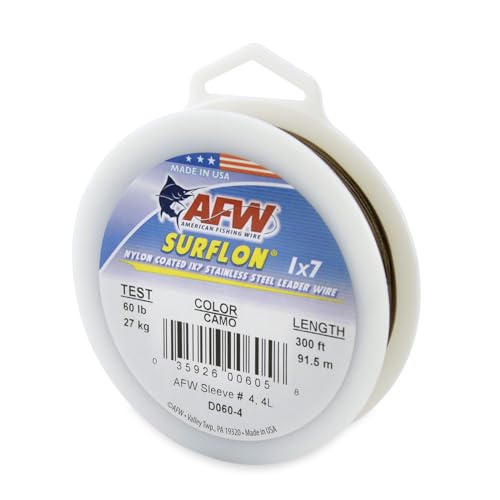 American Fishing Wire Surflon Nylon Coated 1x7 Stainless Steel Wire Leader - Wire Fishing Leader Line for Saltwater 10lb Up To 250lb Test in Bright, Black, Camo in 30ft, 100ft, 300ft, & 1000ft Lengths - color: Camo, style: 300 Feet, 60 Pound Test