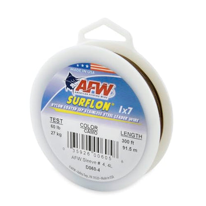 American Fishing Wire Surflon Nylon Coated 1x7 Stainless Steel Wire Leader - Wire Fishing Leader Line for Saltwater 10lb Up To 250lb Test in Bright, Black, Camo in 30ft, 100ft, 300ft, & 1000ft Lengths - color: Camo, style: 300 Feet, 60 Pound Test