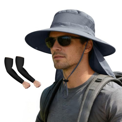 ZOORON Sun Hats for Men Women Fishing Hat with Neck Flap,UPF 50+ Sun Hat Waterproof Wide Brim Bucket Hats for Safari Hiking - color: 1-dark Grey-arm Sleeves