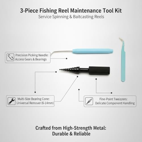 3-Piece Fishing Reel Maintenance Tool Kit - Metal Bearing Remover & Gear Service Set for Spinning and Baitcasting Reels - color: Black