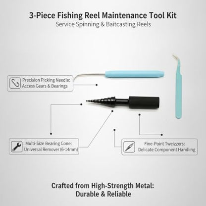 3-Piece Fishing Reel Maintenance Tool Kit - Metal Bearing Remover & Gear Service Set for Spinning and Baitcasting Reels - color: Black