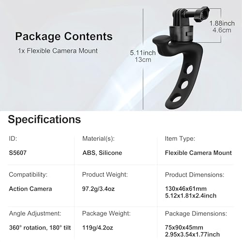 Quick Release 360° Flexible Camera Mount Wrap Band, Flexi Strap Mount, Bike Motorcycle Handlebar Roll Bar Tube Stick Pole Ski Clip Holder for GoPro/Insta360/DJI/Xtra Muse/AKASO Action Cameras - color: S5607