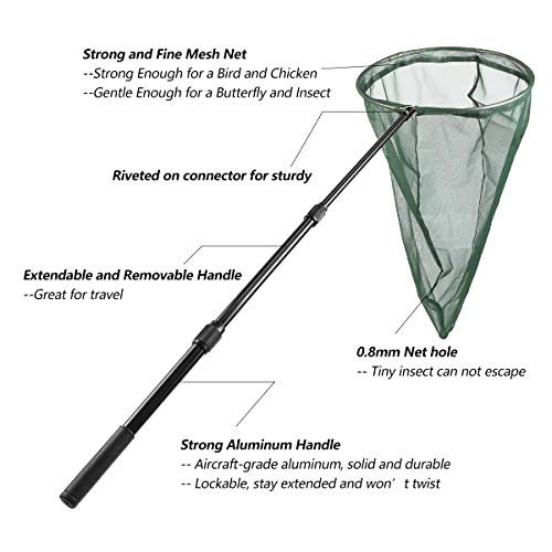 Professional Insect and Butterfly Net with 14" Stainless Ring, 26" Net Depth, Strong Aluminum Telescopic Handle Extends to 39", Muslin Banding at the Top