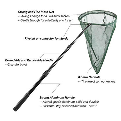 Professional Insect and Butterfly Net with 14" Stainless Ring, 26" Net Depth, Strong Aluminum Telescopic Handle Extends to 39", Muslin Banding at the Top
