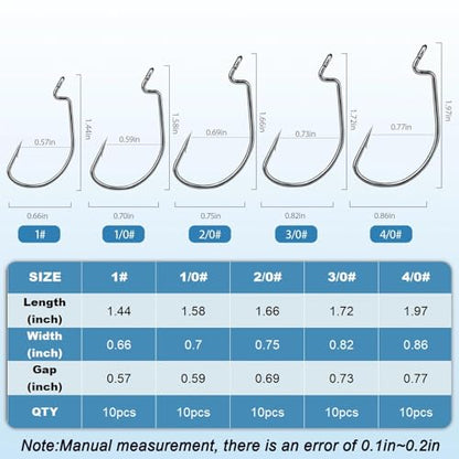 EWG Fishing Hooks 50Pcs Wide Gap Offset Worm Hook Sharp Strong Texas Rig Kit for Freshwater and Saltwater Fishing Multi-Size Set