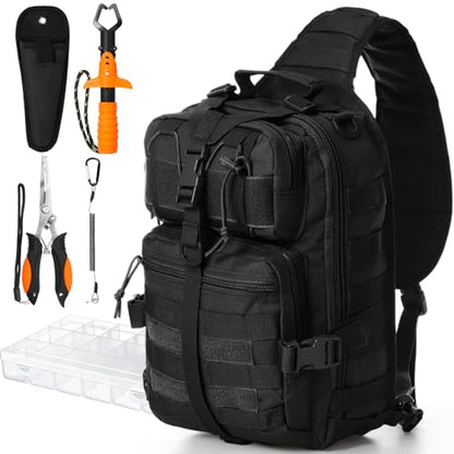 Eccliy 6 Pcs Fishing Tackle Bag Backpack with Rod Holders, Tackle Box, Fishing Pliers Kit and Fish Lip Gripper, Fish Gear and Equipment Fisherman Gift for Men Women - color: Black