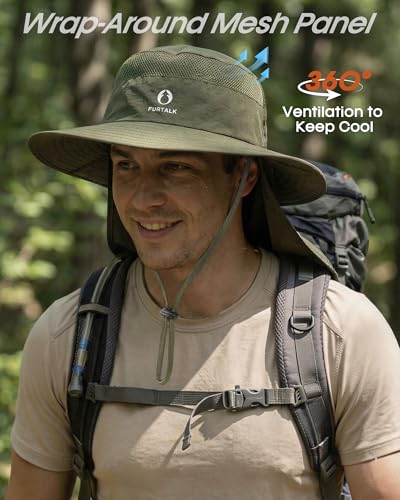 FURTALK Sun Hats for Men Women Fishing Hat with Neck Flap UPF 80+ Breathable Wide Brim Hiking Safari Summer Bucket Hats - color: Green
