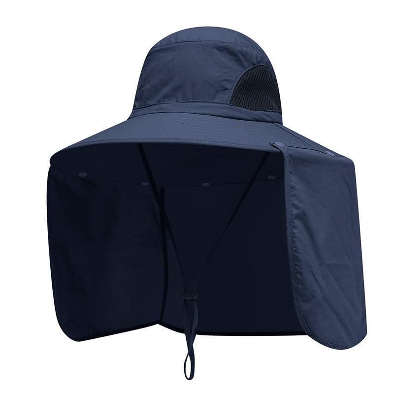 Sun Blocker Hats Outdoor Sun Protection Fishing Cap with Neck Flap Large Brim Outdoor Hat - color: Navy Blue