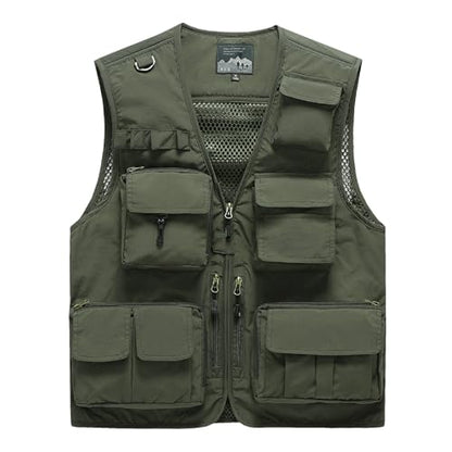 Saukiee Mens Vest Lightweight Vest Men Fishing Travel Work Pesca Safari Combat Hunting Cargo Vest Jacket with Pockets M - color: Army Green, size: Medium