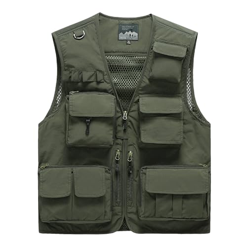 Saukiee Mens Vest Lightweight Vest Men Fishing Travel Work Pesca Safari Combat Hunting Cargo Vest Jacket with Pockets M - color: Army Green, size: X-Large