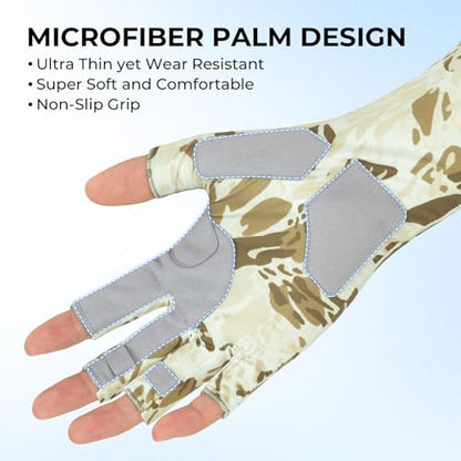 KastKing Agies Fishing Gloves Men, UPF 50+ Sun Gloves UV Protection, Cooling Quick-Dry 3/4 Fingerless Gloves with Extended Cuff, Microfiber Palm & Pull Tabs, for Fishing, Kayaking, Hiking, Hunting - color: X Camo-Neutral, size: Large-X-Large
