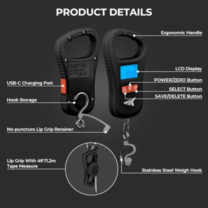 KastKing ToughTide Fishing Scale, USB Charging, 65lb Capacity, Ultra-Thin Digital Fish Scale, LCD Display, Ergonomic Handle, Fish Scales Digital Weight, Fishing Accessories for Men - color: C: Black Combo