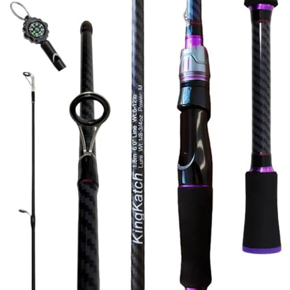 24-Ton Carbon & Fiberglass Spinning/Casting Rod, Lightweight 2-Piece Sensitive Fishing Rod with Ceramic Guides & Split-Grip Handle for Bass, Trout, Pike - color: A-Purple- Spinning- 6'0"